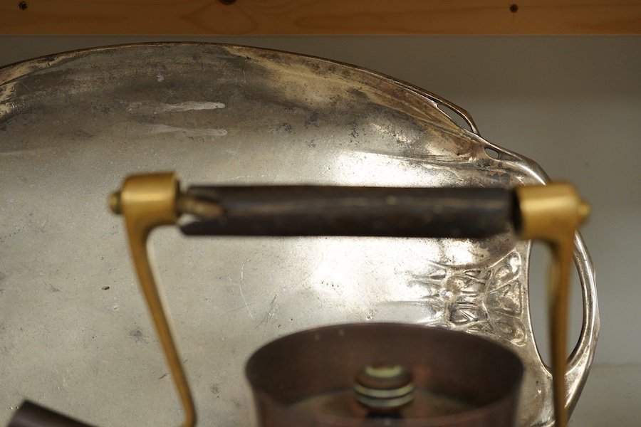 An Arts and crafts copper and brass Benham & Froud stamped Christopher Dresser teapot, (A.F), together with a two handle tray stamped Torini &Sons, Tray 49cm wide.